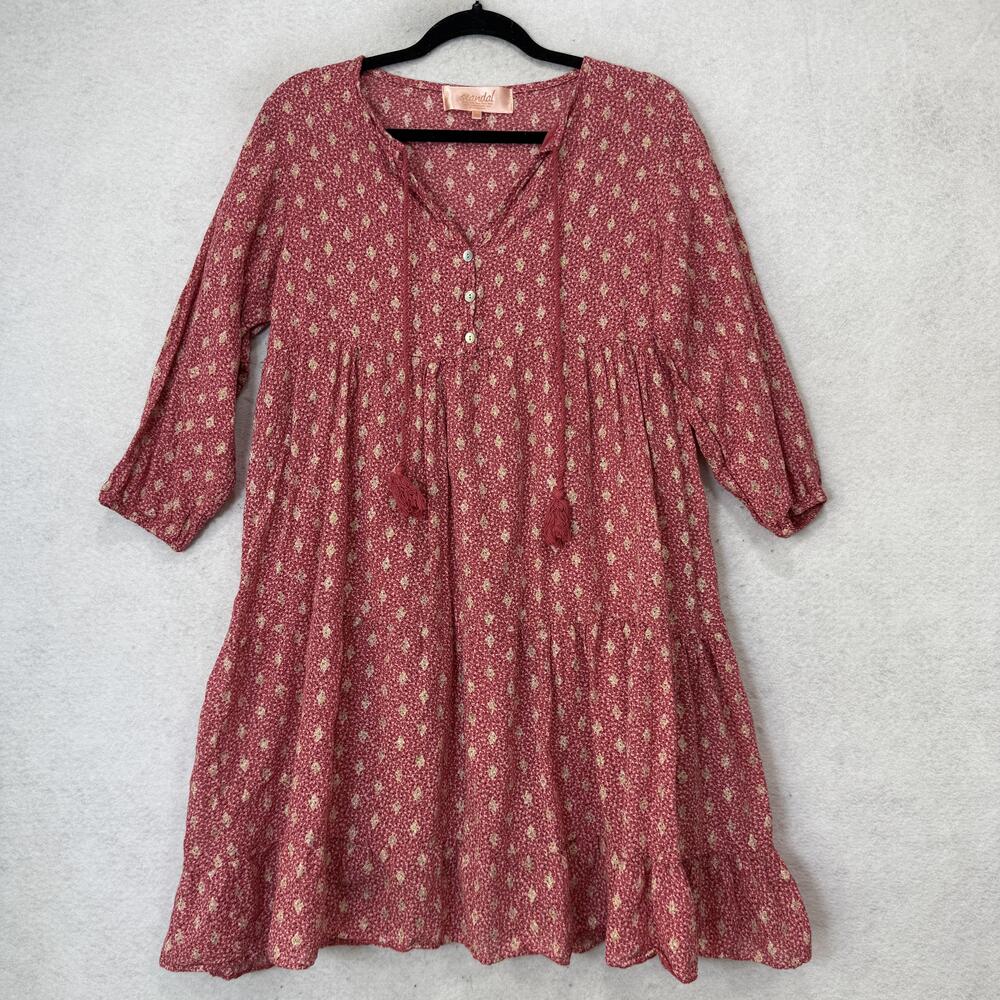 Scandal Dress Womens Medium Red Geometric 3/4 Sleeve Tassel Boho Trapeze Swing